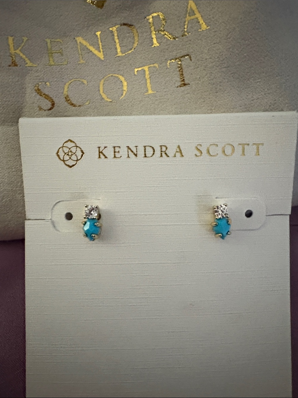 Kendra Scott Turquoise and Clear Crystal Gold Stud Earrings